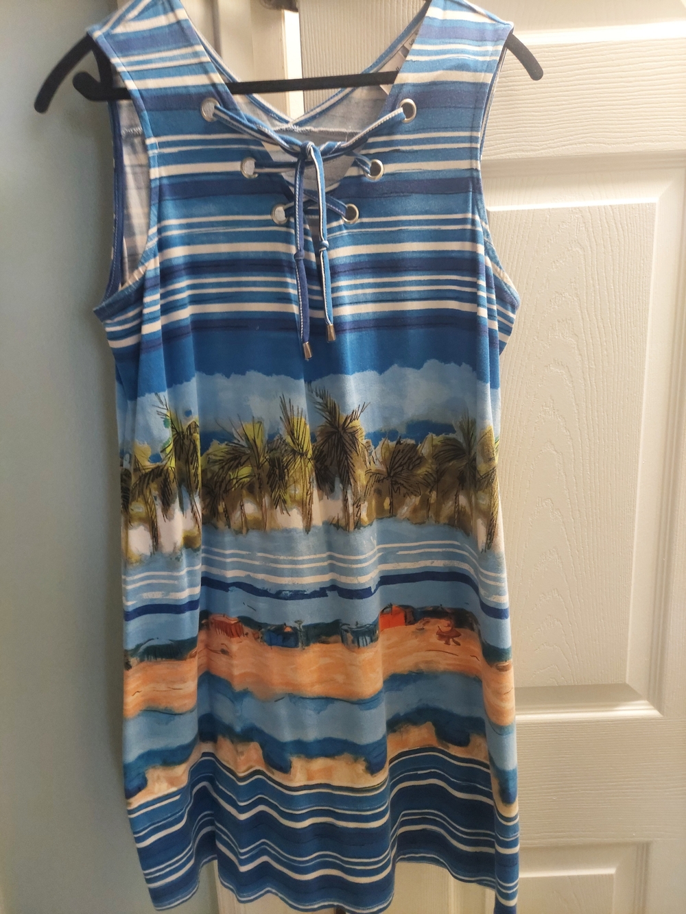 Rafaella Blue Striped Tropical Palm Lace-Up Sundress
